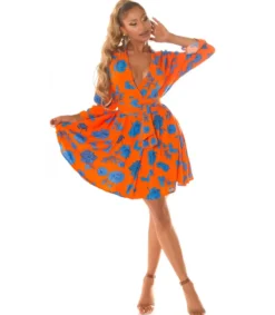 Koucla Oranssisininen kukkakuvioinen wrap-look v-mekko