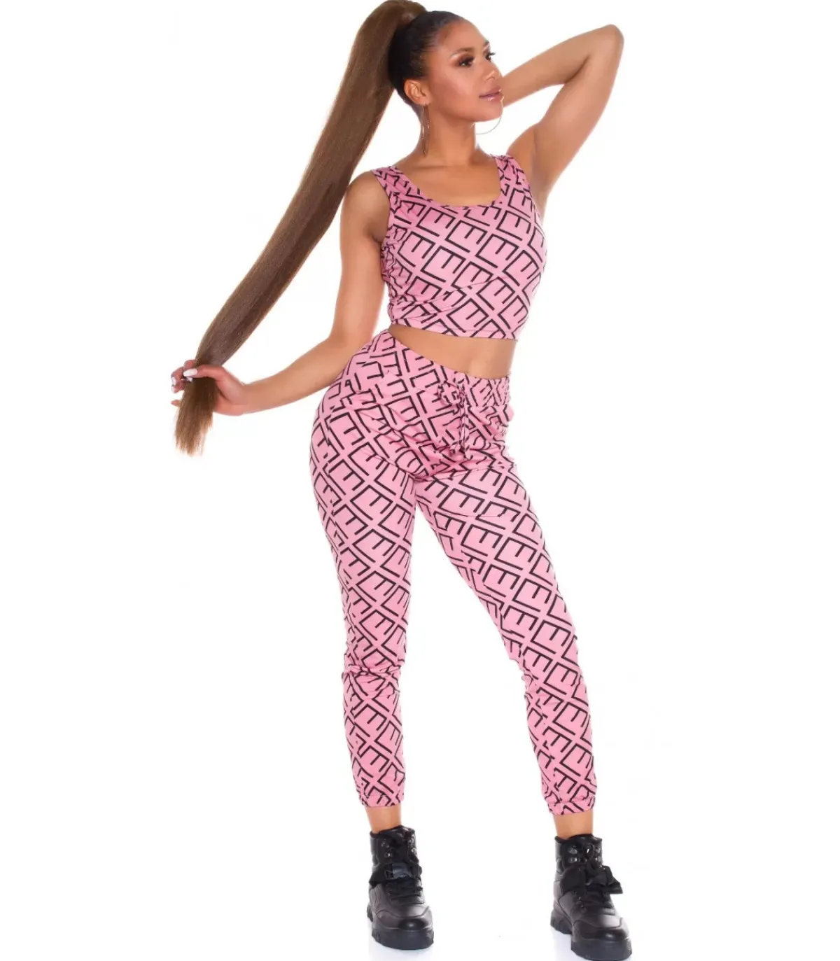 Koucla Pinkki crop top printtikuvioinen joggerisetti