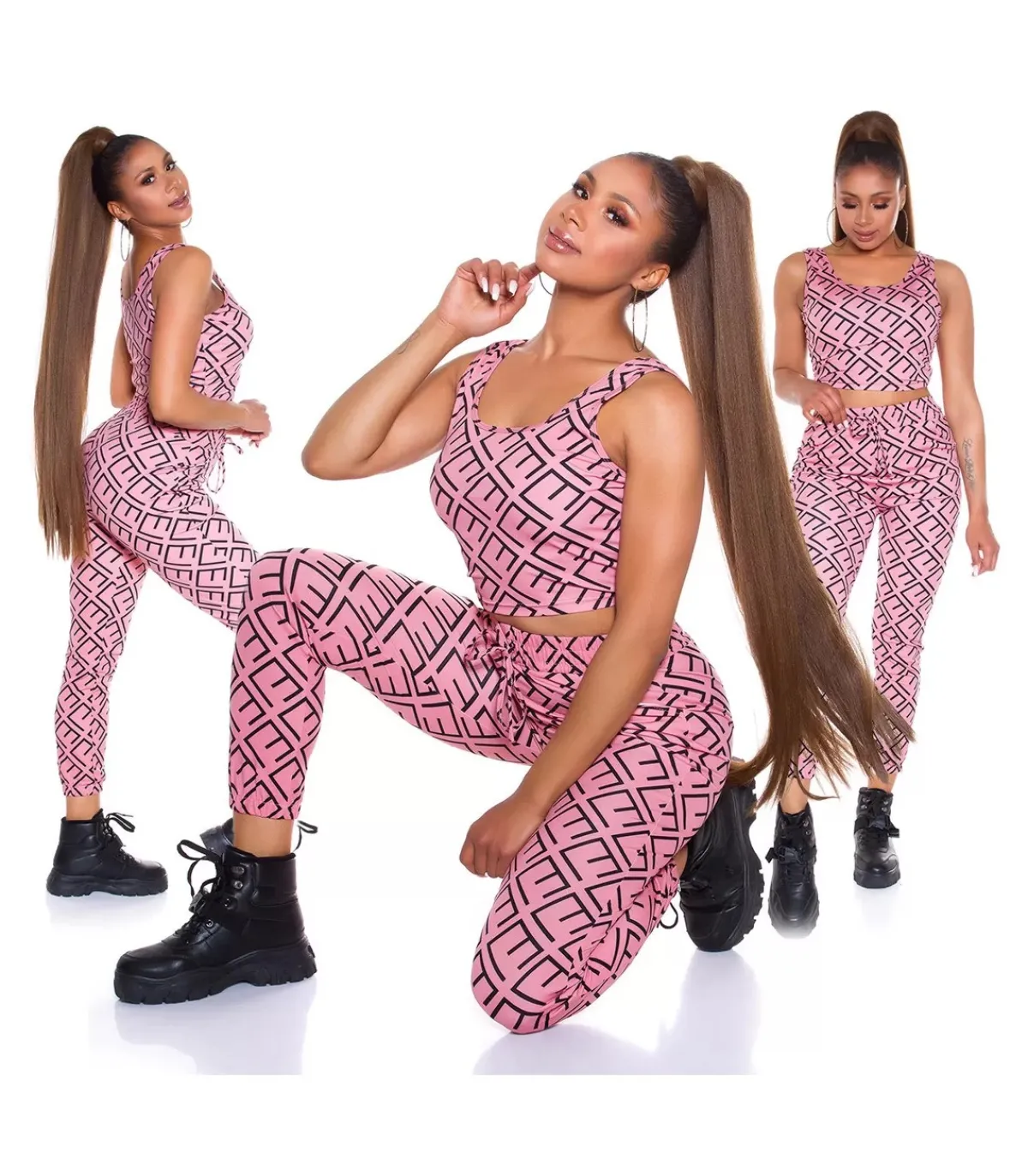 Koucla Pinkki crop top printtikuvioinen joggerisetti
