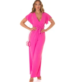 Koucla Pinkki lyhythihainen leveälahkeinen v-jumpsuit vyöllä