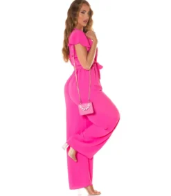 Koucla Pinkki lyhythihainen leveälahkeinen v-jumpsuit vyöllä