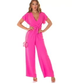 Koucla Pinkki lyhythihainen leveälahkeinen v-jumpsuit vyöllä