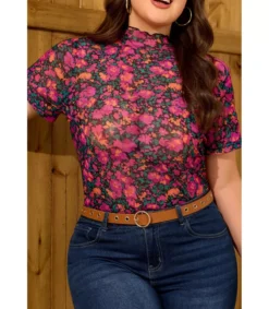 LC Pinkki lyhythihainen mesh-kukkapaita (plus size)