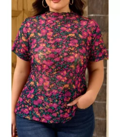 LC Pinkki lyhythihainen mesh-kukkapaita (plus size)