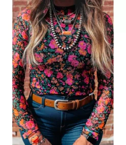 LC Pinkki pitkähihainen mesh-kukkapaita (plus size)