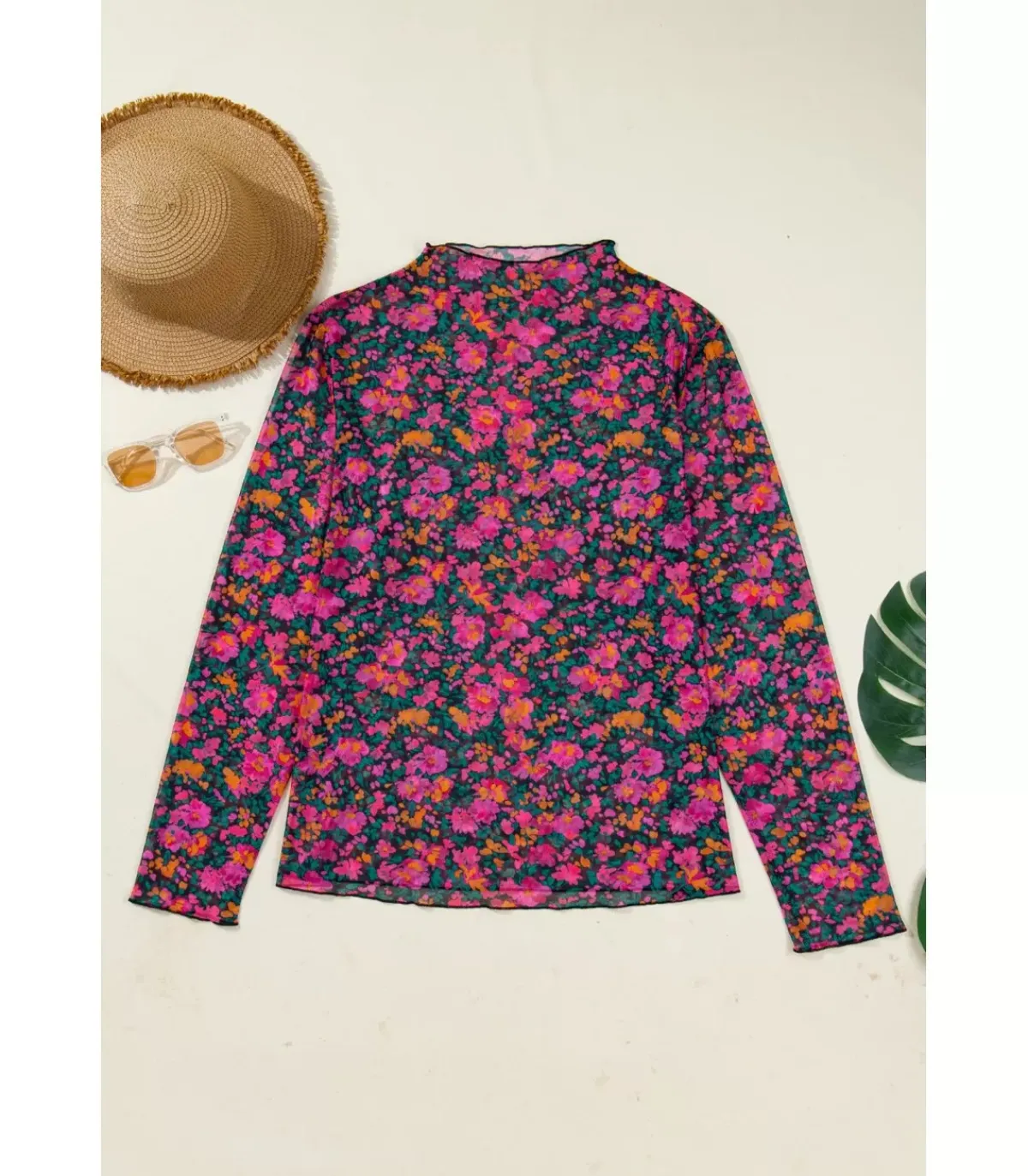 LC Pinkki pitkähihainen mesh-kukkapaita (plus size)