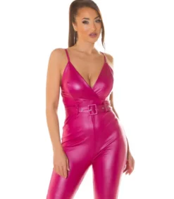 Koucla Pinkki tekonahkainen v-jumpsuit vyöllä