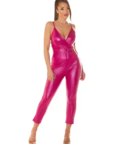 Koucla Pinkki tekonahkainen v-jumpsuit vyöllä