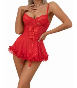 Hersecret Punainen babydoll strasseilla ja sukkanauhaliiveillä