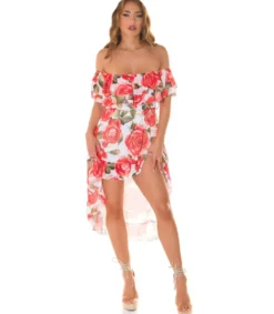 Koucla Punainen ruusukuvioinen off-shoulder high low -mekko ketjuvyöllä