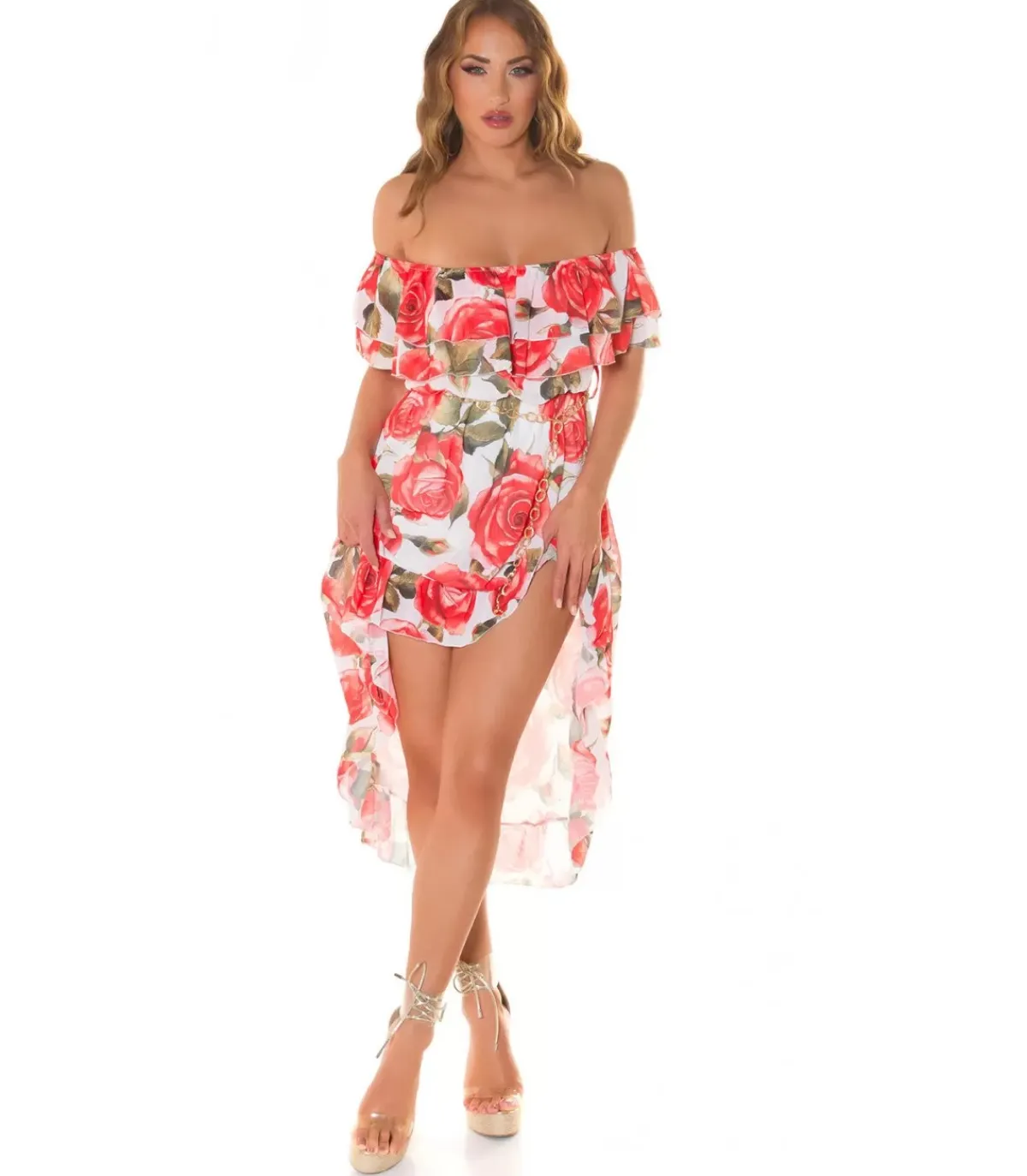 Koucla Punainen ruusukuvioinen off-shoulder high low -mekko ketjuvyöllä