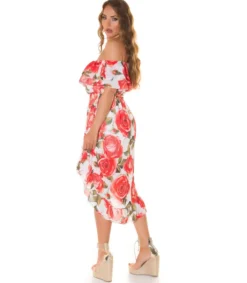 Koucla Punainen ruusukuvioinen off-shoulder high low -mekko ketjuvyöllä