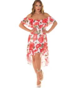Koucla Punainen ruusukuvioinen off-shoulder high low -mekko ketjuvyöllä