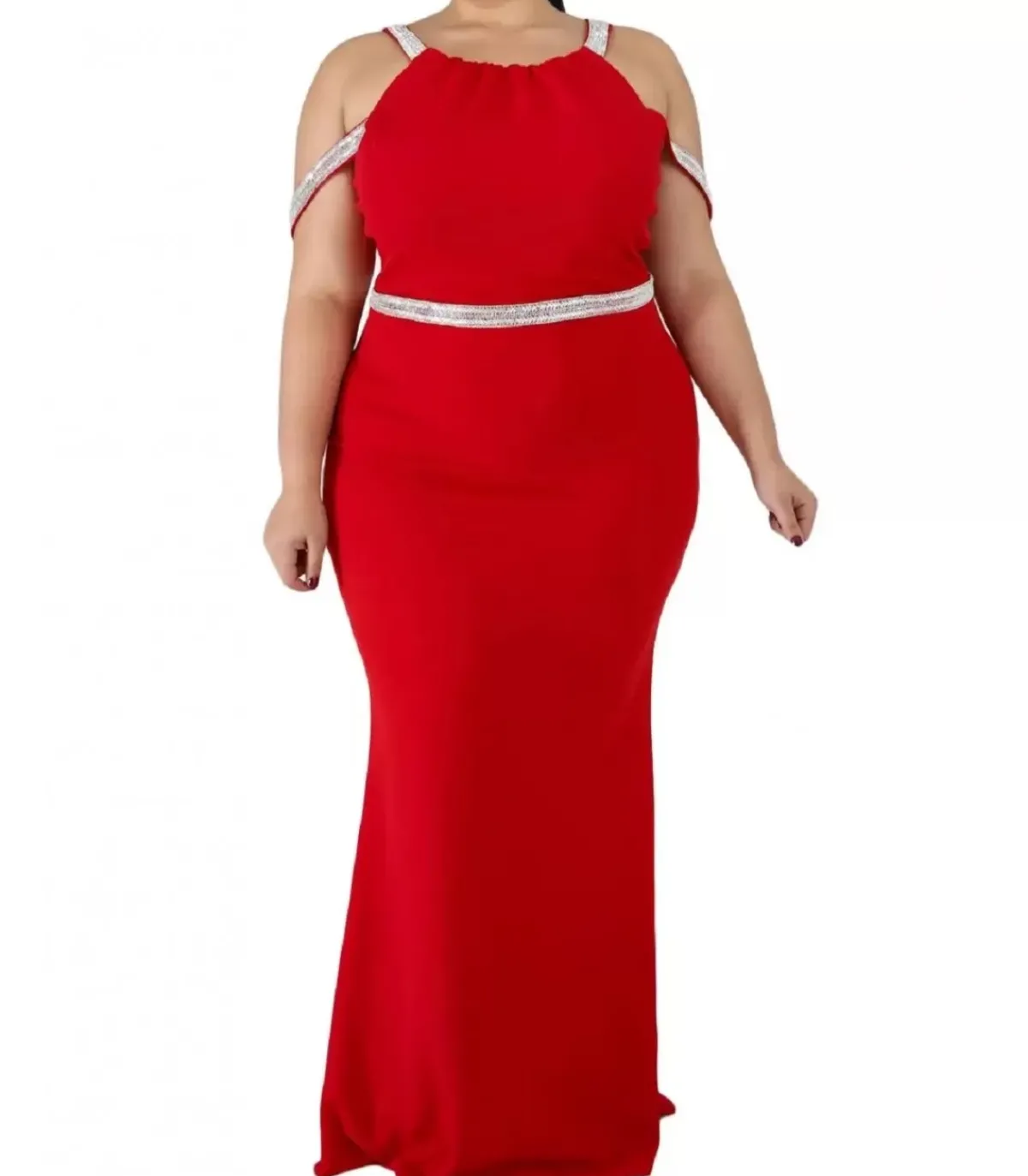 LC Punainen strassiremmikoristeinen pitkä juhlamekko (plus size)