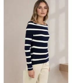 Rosy Days mustavalkoinen raidallinen off-shoulder neulepaita