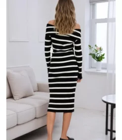 Rosy Days mustavalkoinen raidallinen off-shoulder neulemekko