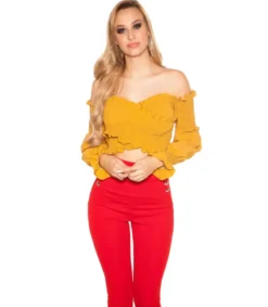 Koucla Sinapinkeltainen pitkähihainen lyhyt wrap-look latinapaita
