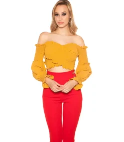 Koucla Sinapinkeltainen pitkähihainen lyhyt wrap-look latinapaita