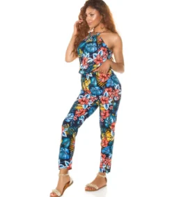 Koucla Sininen kukka- ja lehtikuvioinen jumpsuit