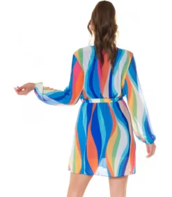 Koucla Sininen multiraidallinen wrap-look v-mekko vyöllä