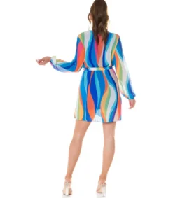Koucla Sininen multiraidallinen wrap-look v-mekko vyöllä