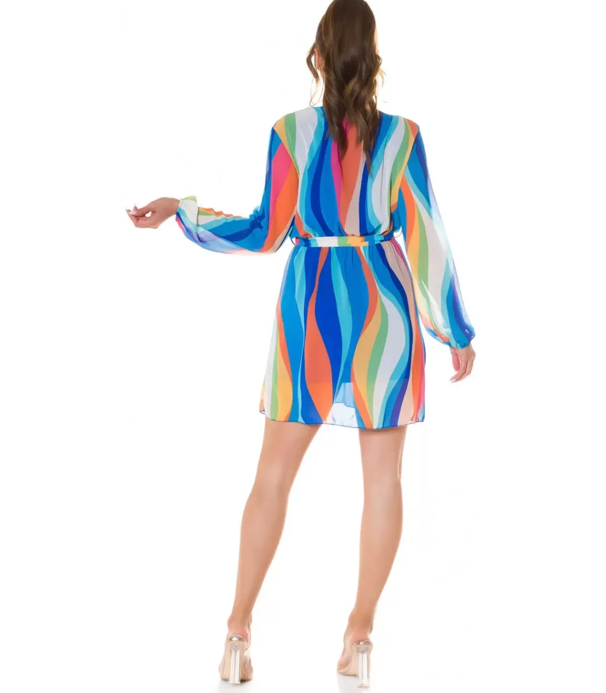 Koucla Sininen multiraidallinen wrap-look v-mekko vyöllä