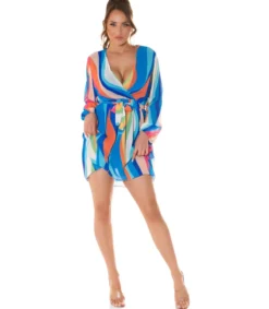 Koucla Sininen multiraidallinen wrap-look v-mekko vyöllä