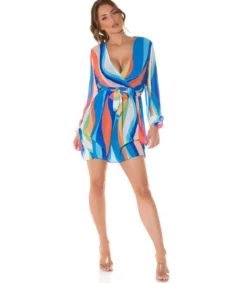Koucla Sininen multiraidallinen wrap-look v-mekko vyöllä