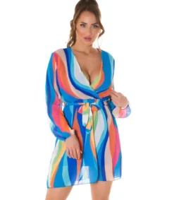 Koucla Sininen multiraidallinen wrap-look v-mekko vyöllä