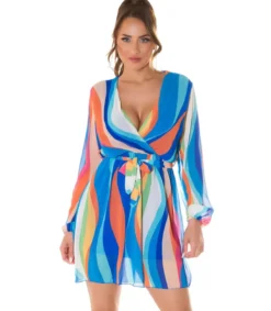 Koucla Sininen multiraidallinen wrap-look v-mekko vyöllä