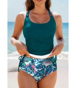LC Tuanvihreä tankini + ehtikuvioiet korkeavyötäröiet bikinihouut