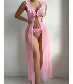 Hersecret Vaaleanpunainen avonainen pitkä babydoll koristeilla