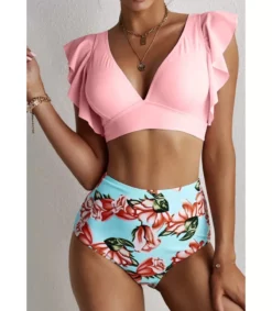 LC Vaaleanpunaiet ruuukuvioiet röyhelökoriteiet v-bikinit