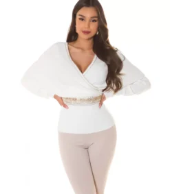 Koucla Valkoinen koristeinen lepakkohihainen wrap-look v-neule