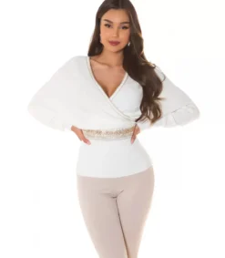 Koucla Valkoinen koristeinen lepakkohihainen wrap-look v-neule