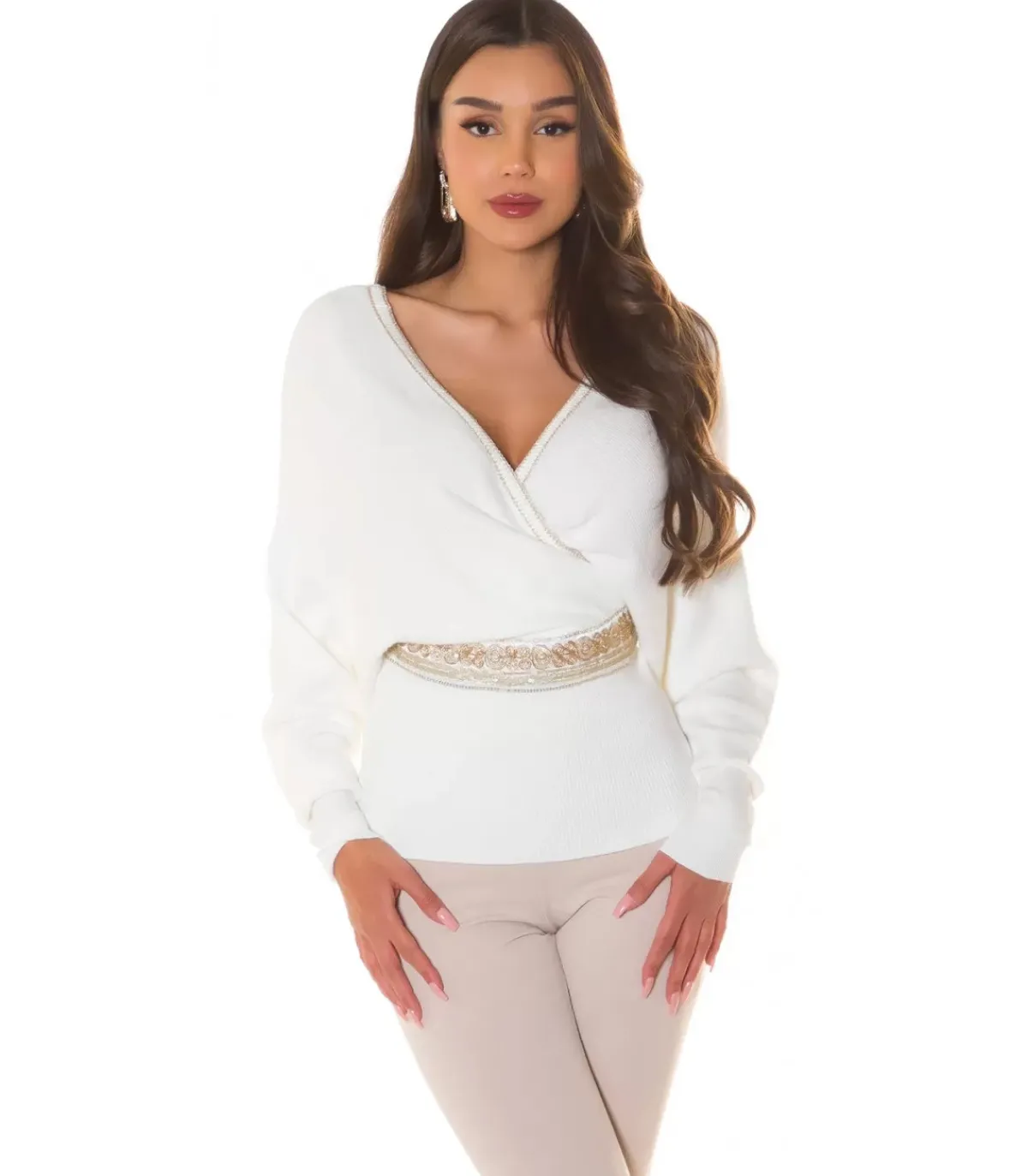 Koucla Valkoinen koristeinen lepakkohihainen wrap-look v-neule