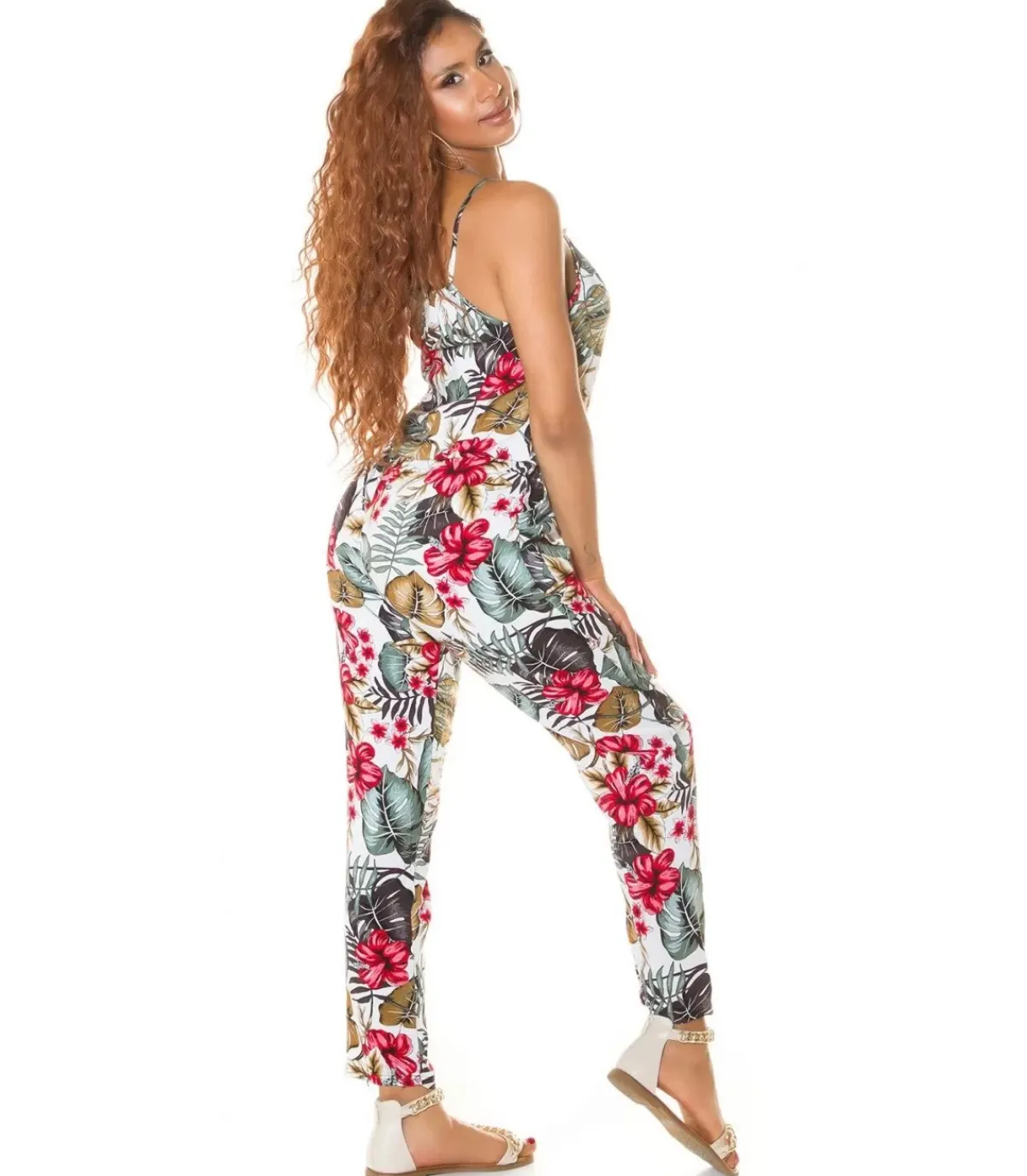 Koucla Valkoinen kukka- ja lehtikuvioinen jumpsuit