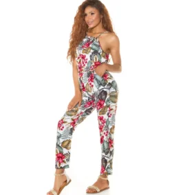 Koucla Valkoinen kukka- ja lehtikuvioinen jumpsuit
