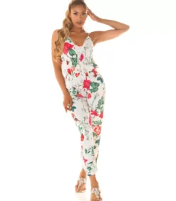 Koucla Valkoinen kukkakuvioinen jumpsuit nyörityksellä