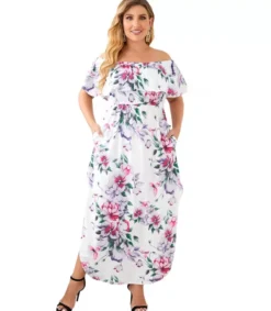 LC Valkoinen kukkakuvioinen off-shoulder maksimekko (plus size)
