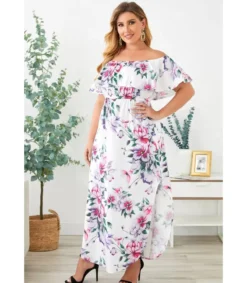 LC Valkoinen kukkakuvioinen off-shoulder maksimekko (plus size)