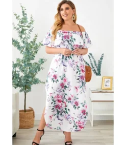 LC Valkoinen kukkakuvioinen off-shoulder maksimekko (plus size)