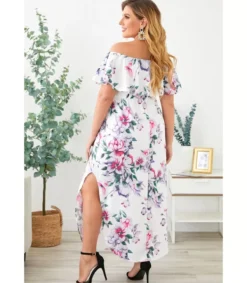 LC Valkoinen kukkakuvioinen off-shoulder maksimekko (plus size)