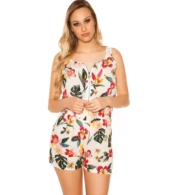 Koucla Valkoinen kukkakuvioinen vetoketjukoristeinen playsuit