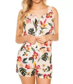 Koucla Valkoinen kukkakuvioinen vetoketjukoristeinen playsuit
