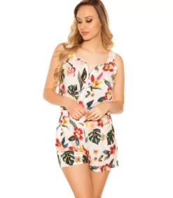 Koucla Valkoinen kukkakuvioinen vetoketjukoristeinen playsuit