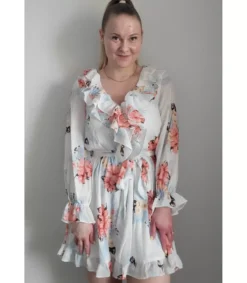 LC Vakoinen kukkakuvioinen v-röyheömekko vyöä