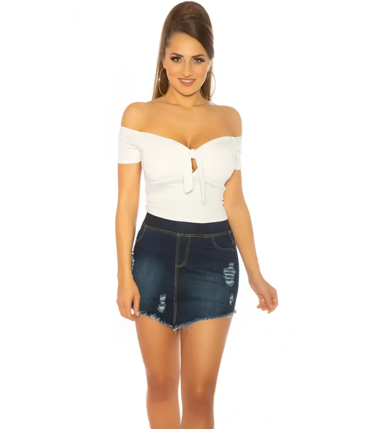 Koucla Valkoinen off-shoulder lyhythihainen ribbilatinapaita