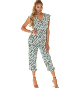 Koucla Vihreä auringonkukkakuvioinen jumpsuit vyöllä