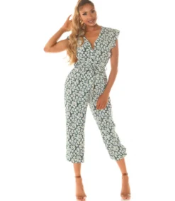Koucla Vihreä auringonkukkakuvioinen jumpsuit vyöllä